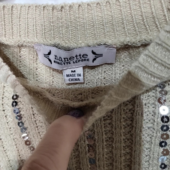 NWT Nanette Lepore Tan Short / Crop Sweater With Silver Sequins Medium - Picture 8 of 10